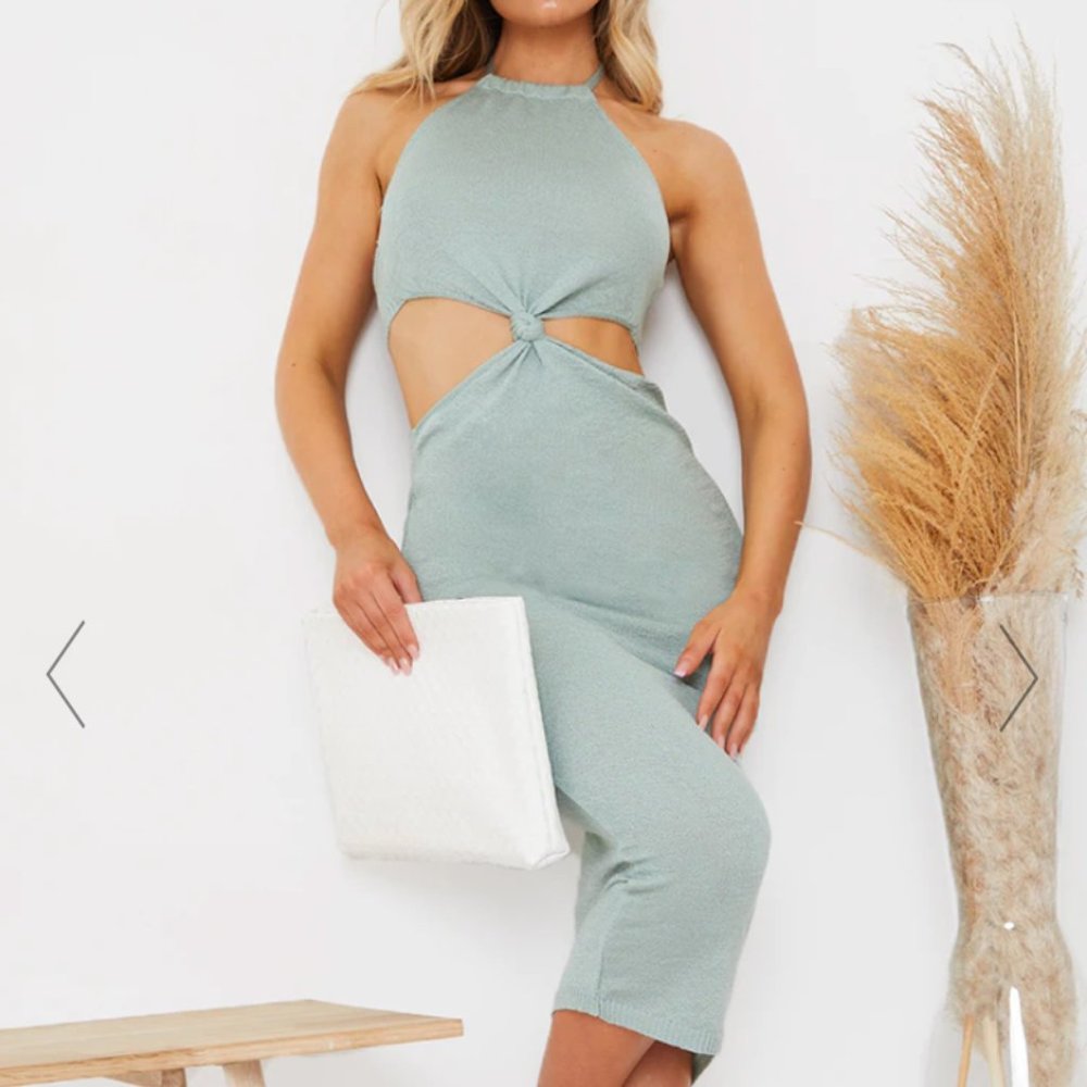Sage Green Sheer Knit Twist Cut Out Midi Dress - BRAND NEW with tags